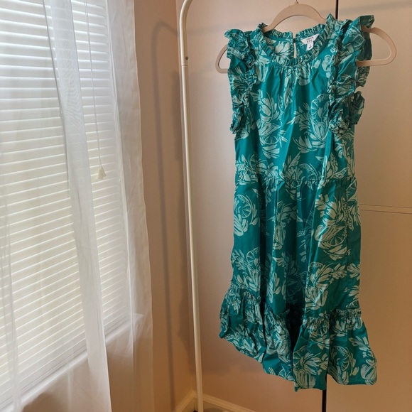 Crown & Ivy Turquoise Palm Print Dress Size Small Ruffle Sleeveless Summer - Picture 3 of 3